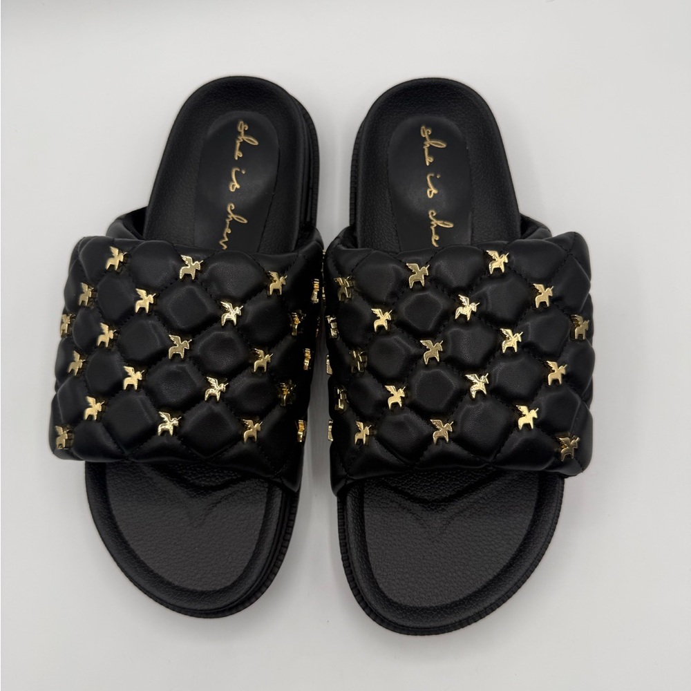 She Is Cheval Black Quilted Slide Sandals W/Gold Accents Comfort Designer Style - Picture 17 of 17